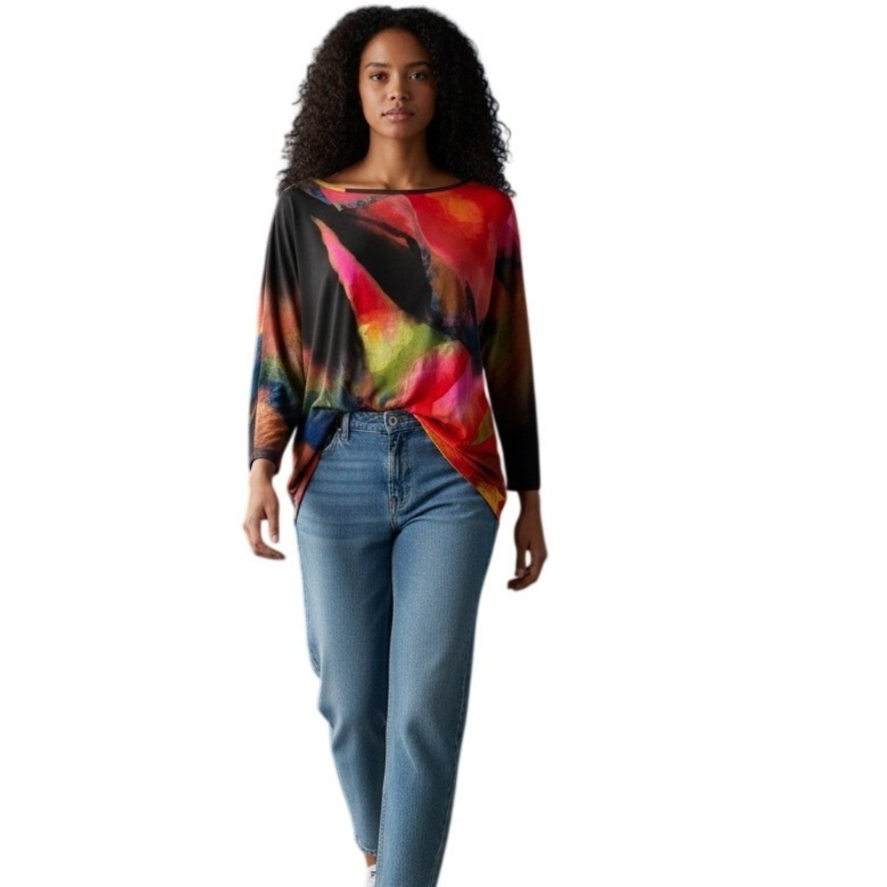 Clara Sun Woo‎ Women's Tunic Abstract Floral Watercolor Top Multicolor Xsmall